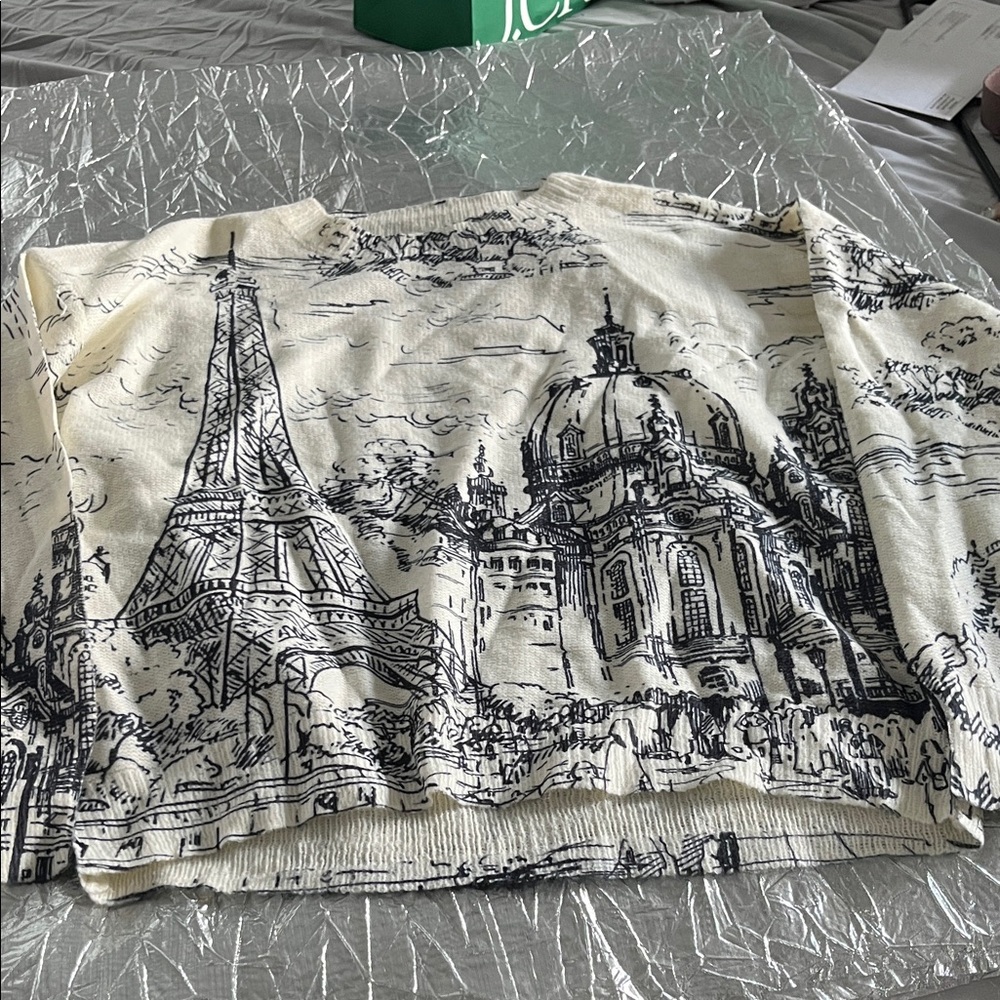 Cream and Blue Parisian Print Sweater